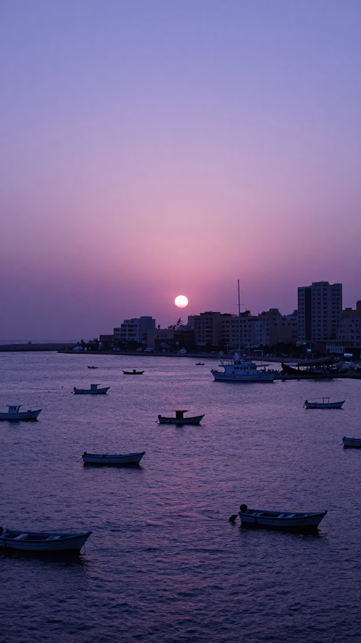 Alexandria Sunset Mediterranean Horizon with Coastal Traffic and Urban Skyline in in Alexandria, Egypt