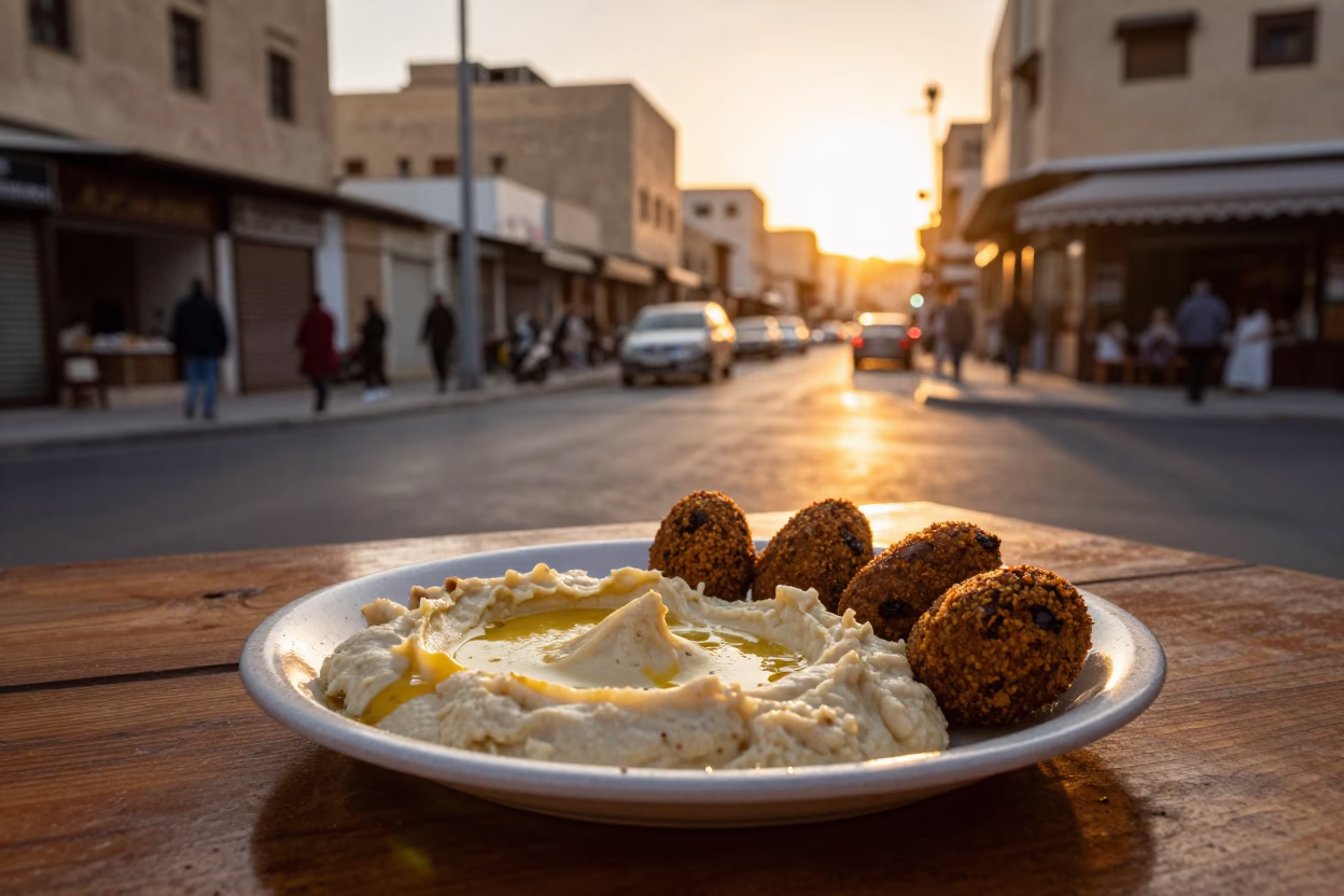 Alexandria Sunset Street Scene with Mezze Platter and Traditional Drinking Vessel in in Alexandria, Egypt