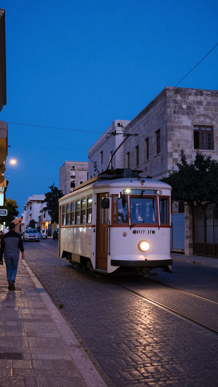 Alexandria Tram Steep Hill Blue Hour Evening Light Egypt Street Scene in in Alexandria, Egypt