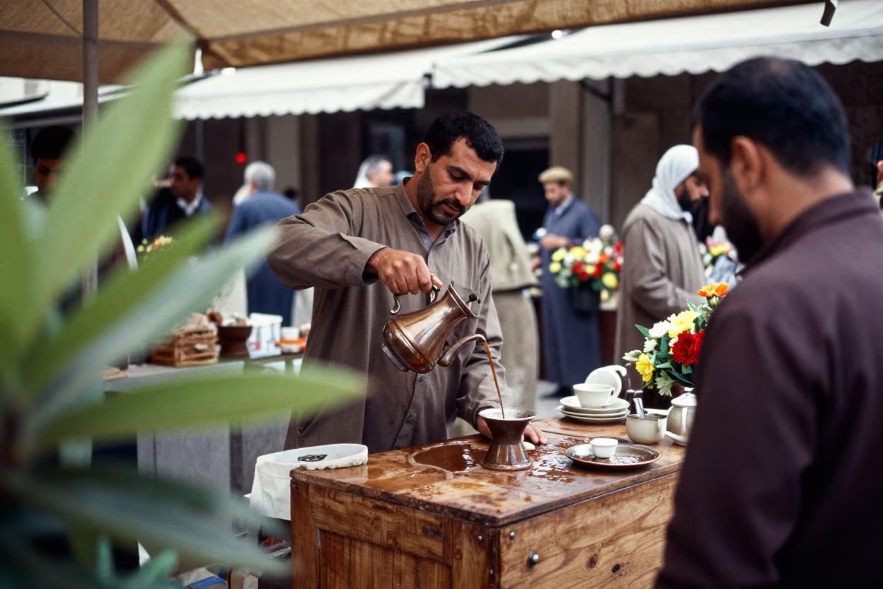 Alexandria Vendor Pouring Coffee at Flower Auction in at a flower auction bench in Alexandria