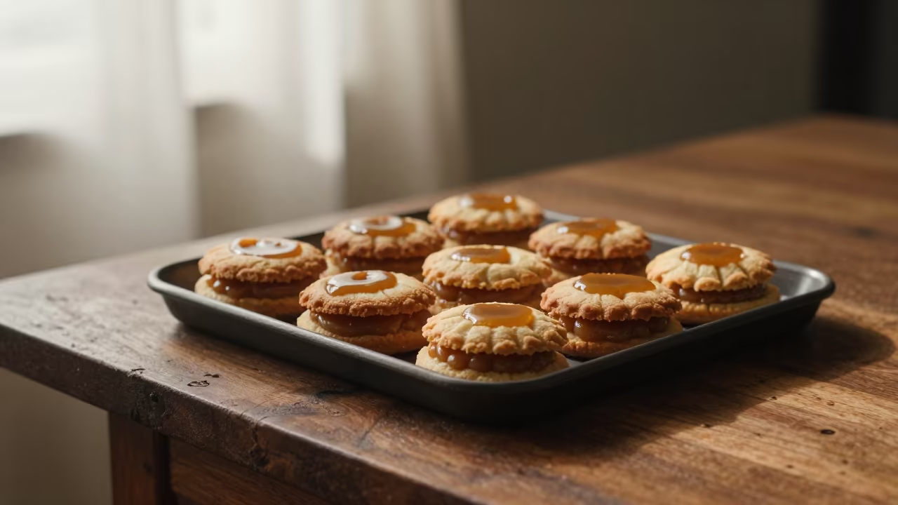 Alfajores with Dulce de Leche on Rustic Table in on a rustic wooden table in Semarang