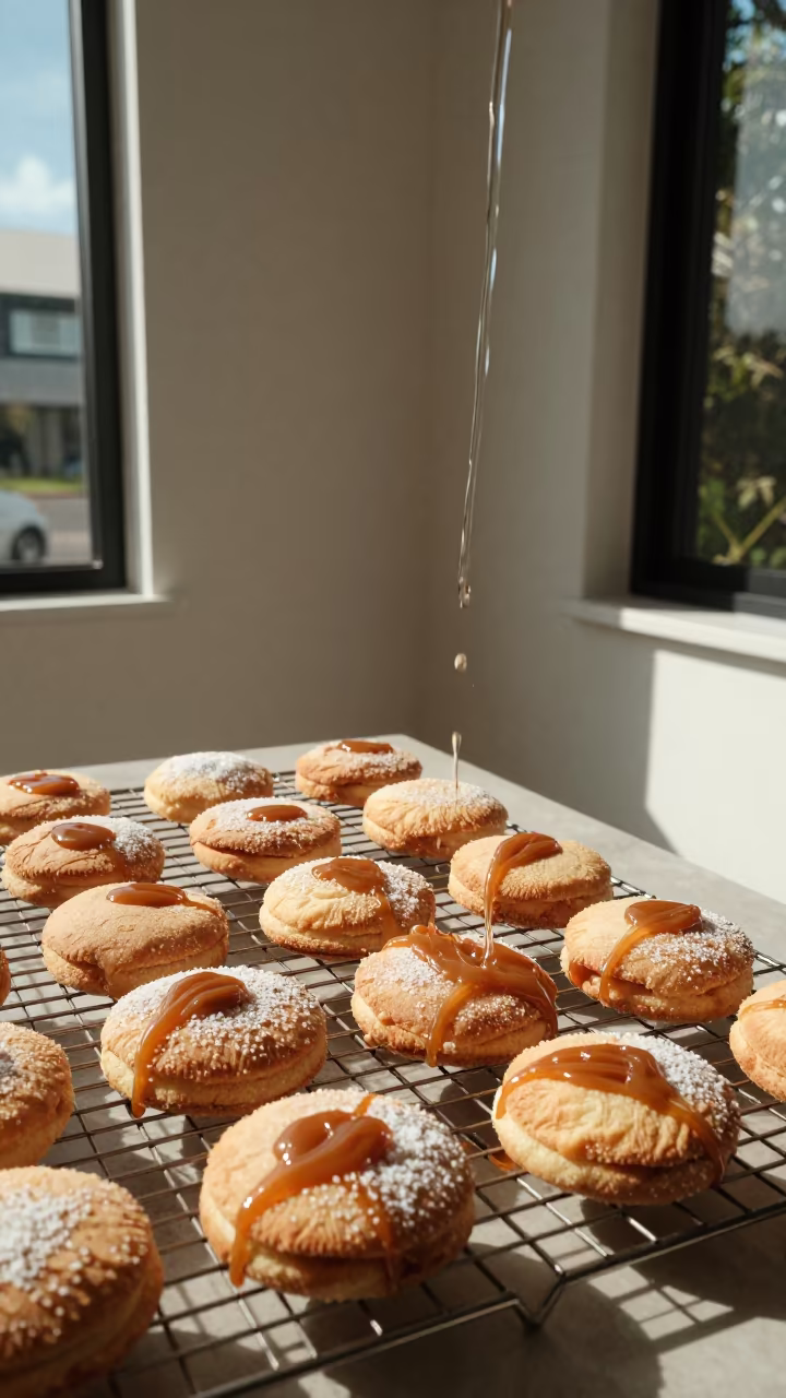 Alfajores Uphill Water Flow Midday in on a bakery cooling rack in Gold Coast