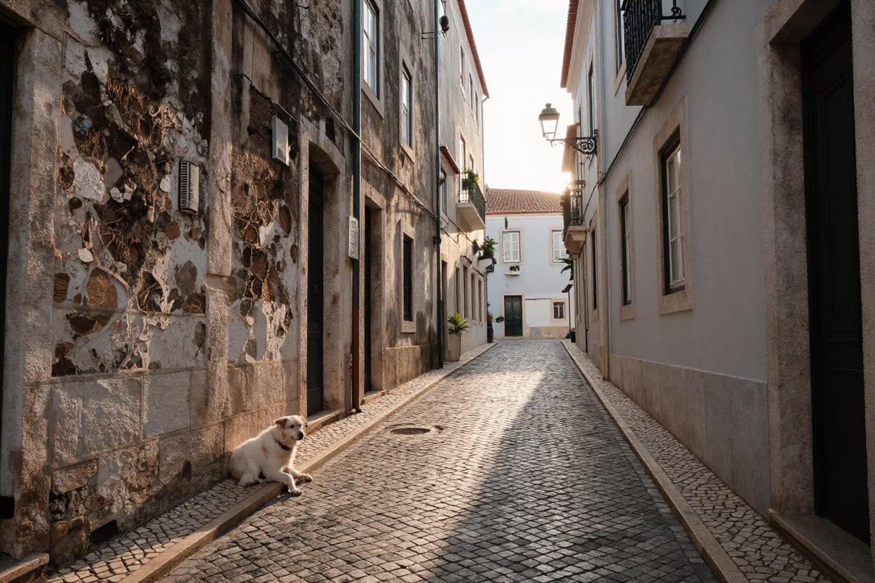 Alfama Alleyway in Lisbon at As First Light Reaches The Scene in in Lisbon, Portugal