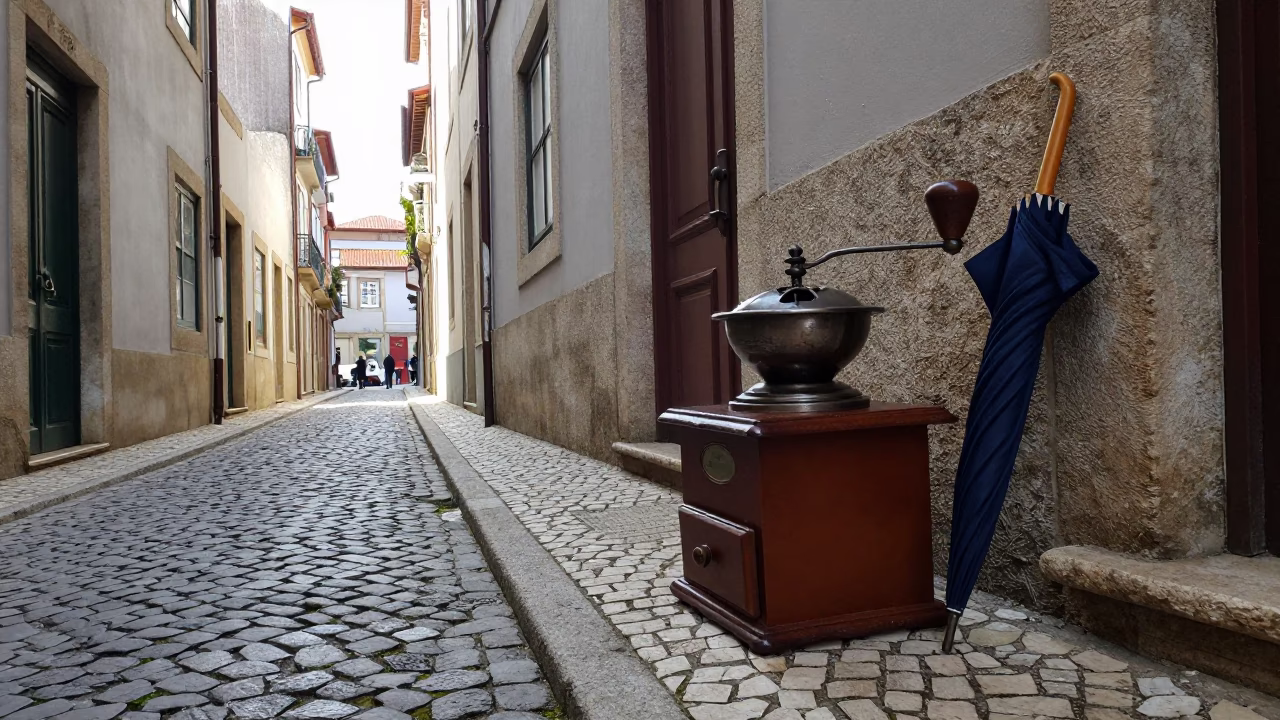 Alfama Cobblestone Street with Vintage Coffee Grinder and Umbrella Stall in Porto Portugal in in Porto, Portugal