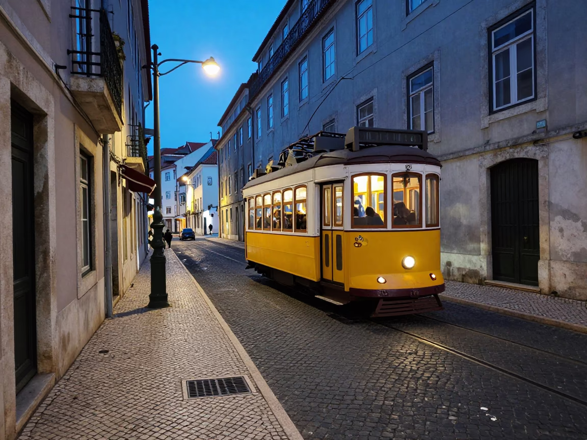 Alfama Street in Lisbon at The Last Blue Light Of Evening in in Lisbon, Portugal