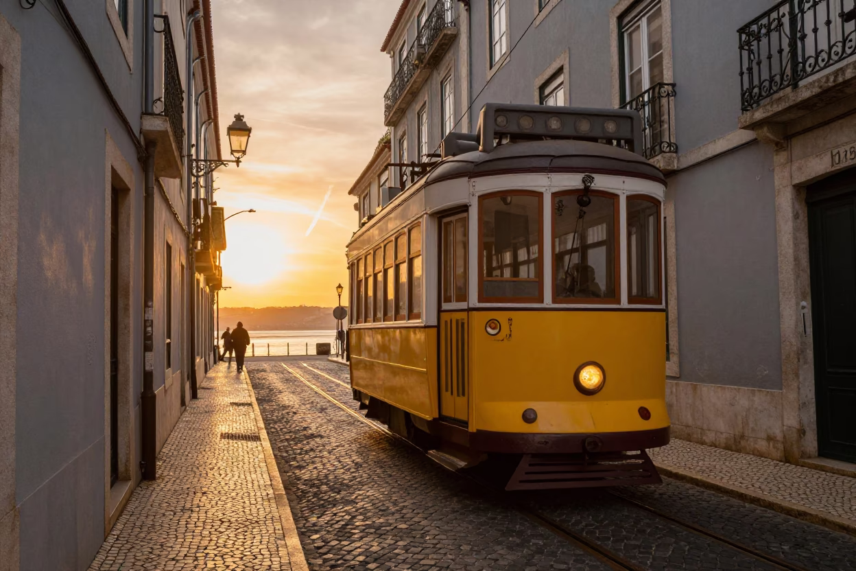 Alfama Streets at As The Sun Drops Toward The Horizon in Lisbon in in Lisbon, Portugal