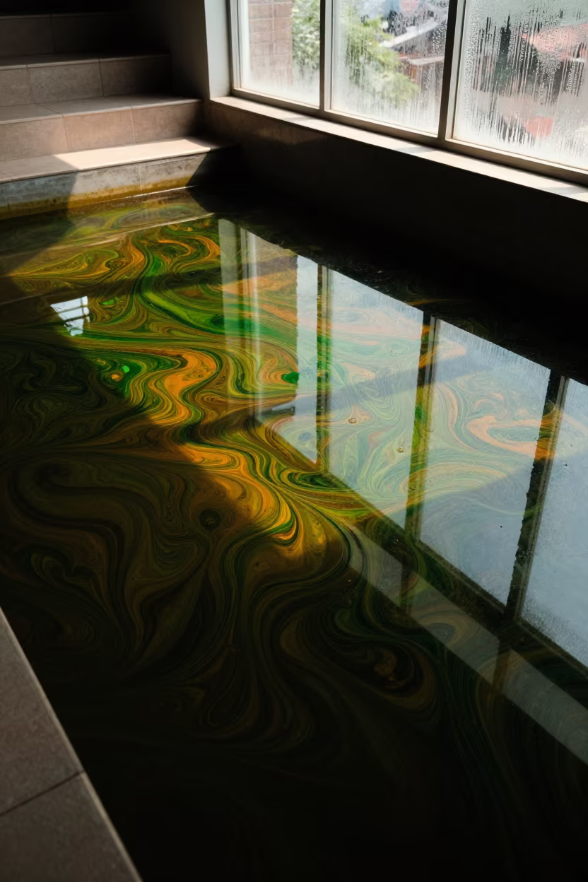 Algae Marbled Pattern on Still Pond Surface in inside a tiled stair hall near Pakpattan