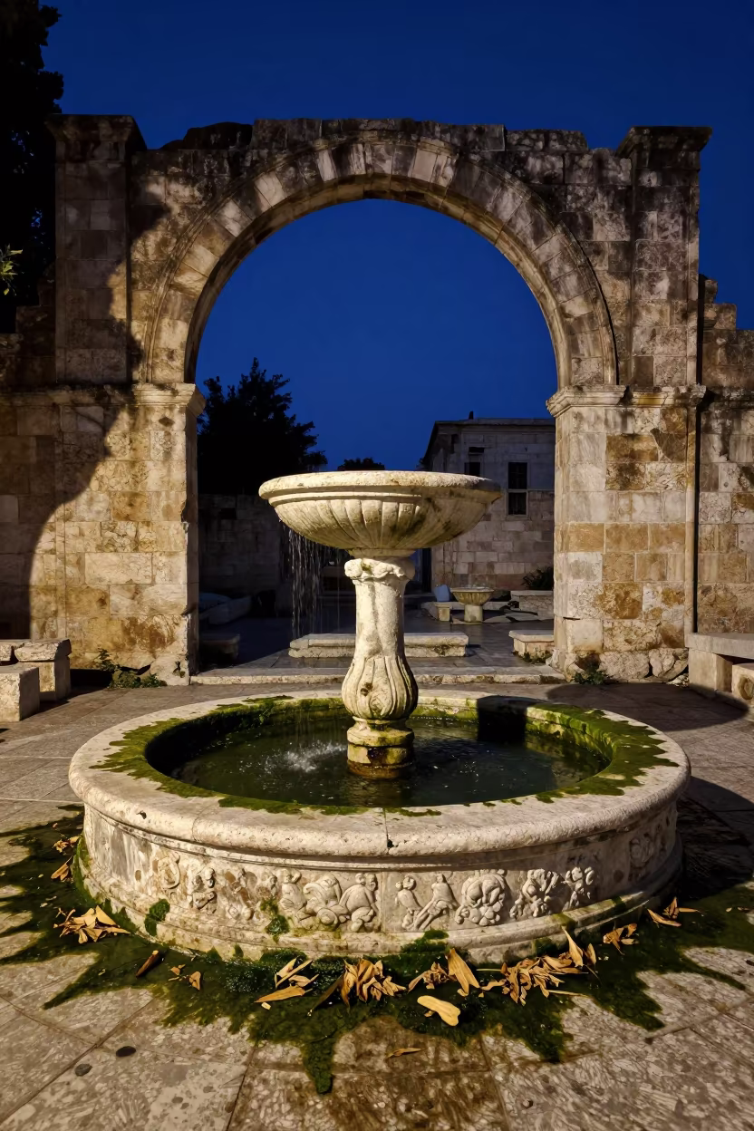 Algae-Slick Fountain Court in Evening Shadow in beneath a broken stone arch near Latakia