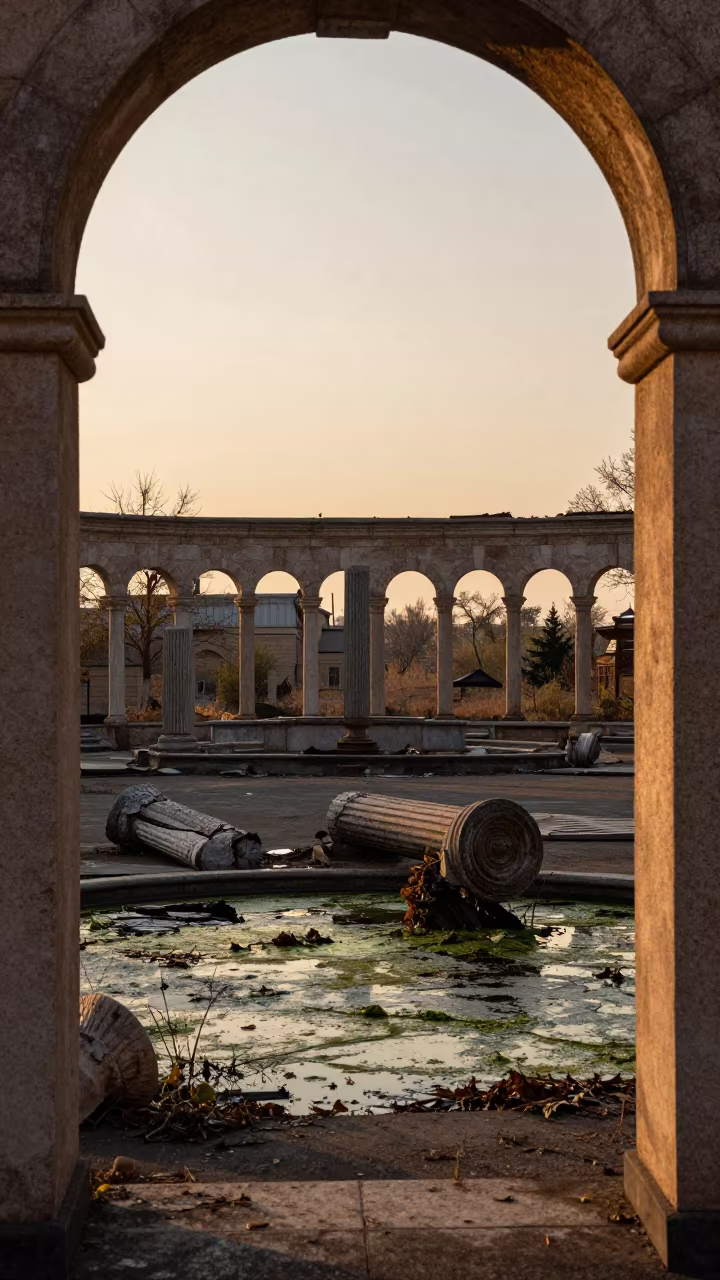 Algae Slick Fountain Court Sunset Ruins in among toppled columns and nettles near Aktobe