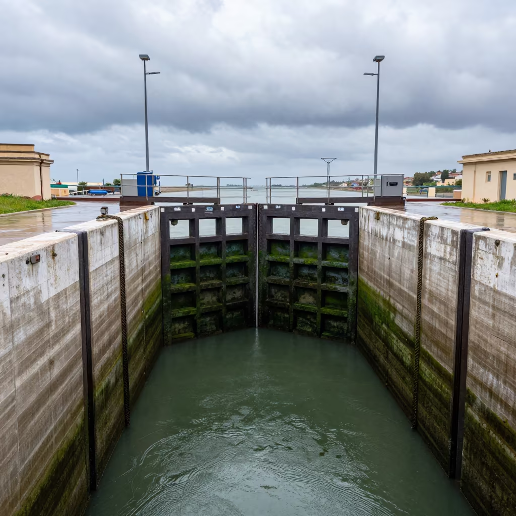 Algae Slick Lock Chamber Beneath Sicilian Footbridge in along a levee path above floodwater in Sicily