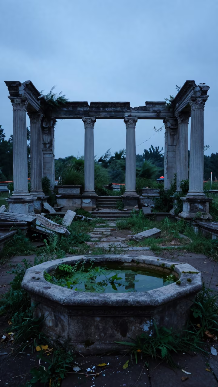Algae Slick Ruined Fountain Court at Blue Hour in among toppled columns and nettles near Zaria