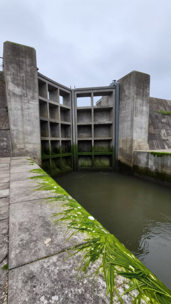 Algae Streaked Floodgate Concrete Levee Musturud in along a levee path above floodwater in Musturud