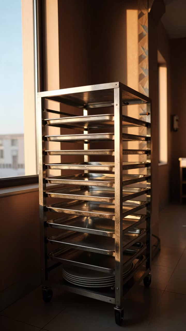 Algerian Banquet Hall Pastry Shelf Before Service in inside a banquet hall before service in Algiers