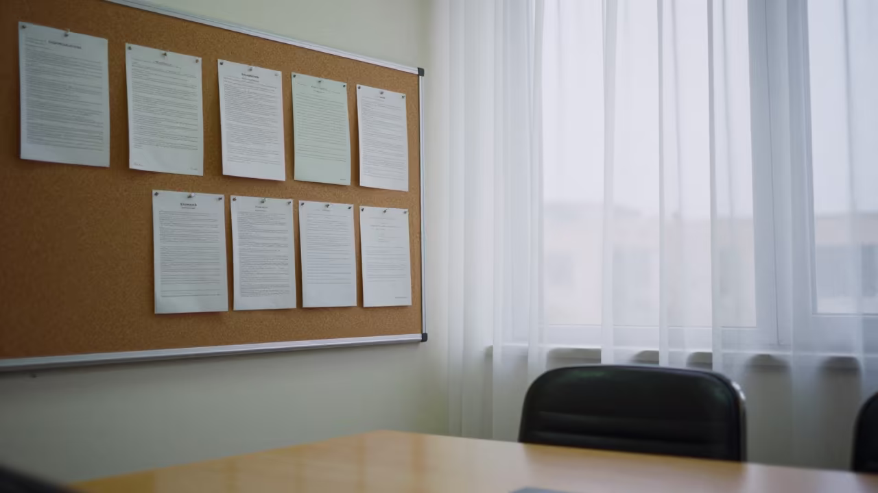 Algerian Boardroom Bulletin Wall Morning Light in at a boardroom table before a meeting in Tiaret
