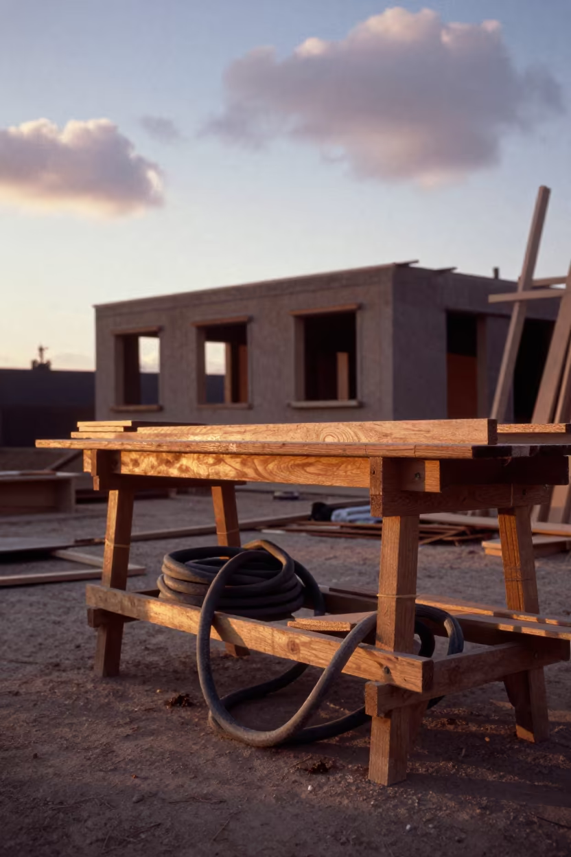 Algerian Carpentry Bench at Sunset in beside a framed building shell in Algeria
