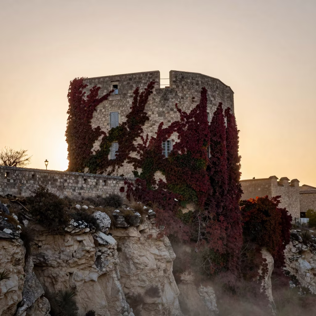 Algerian Cliffside Château in Autumn Sunset Silhouette in along a salt-sprayed cliff edge in Algeria