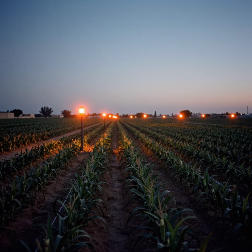 Algerian Cornfield Twilight with Glowing Beacons in along freshly irrigated rows in Algeria
