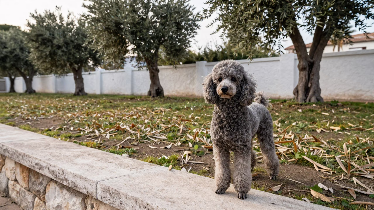 Algerian Poodle Portrait Morning Garden Edge in near a garden edge with soft morning light and an uncluttered background in Algiers