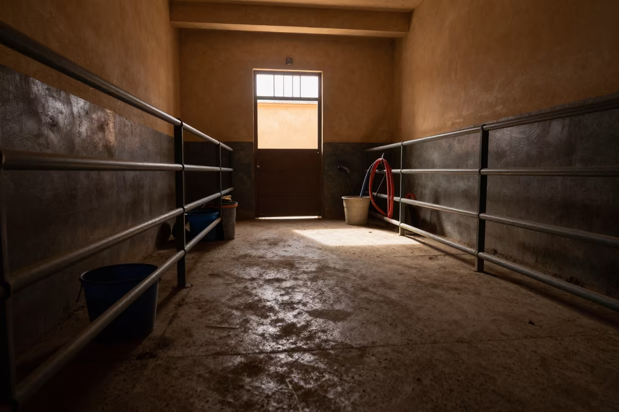 Algerian Shearing Shed Cleanup Under Golden Light in inside a shearing shed in Algeria