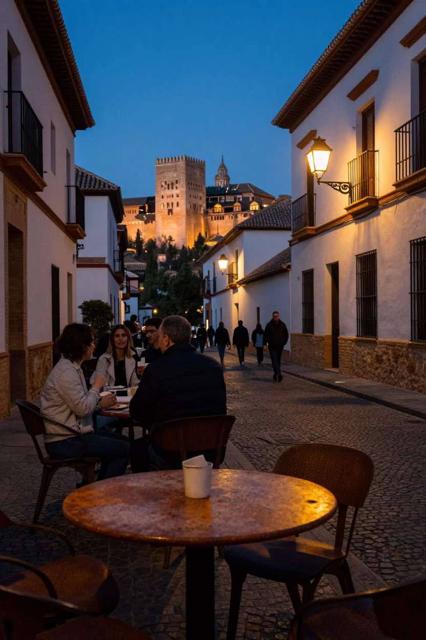 Alhambra Dusk Street Scene with Rust and Tabletop Smudges in Granada Spain in in Granada, Spain