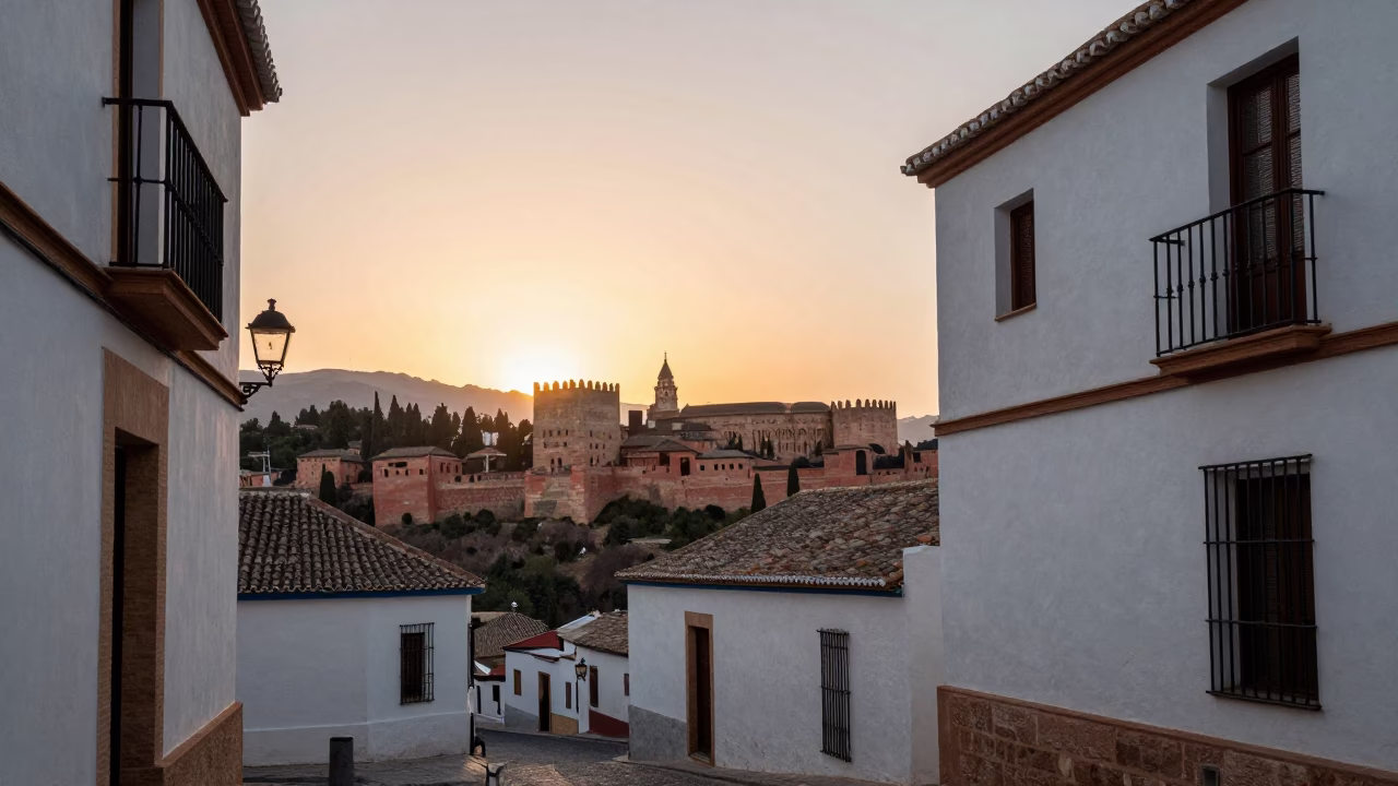Alhambra Fortress in Granada at As The Sun Drops Toward The Horizon in in Granada, Spain