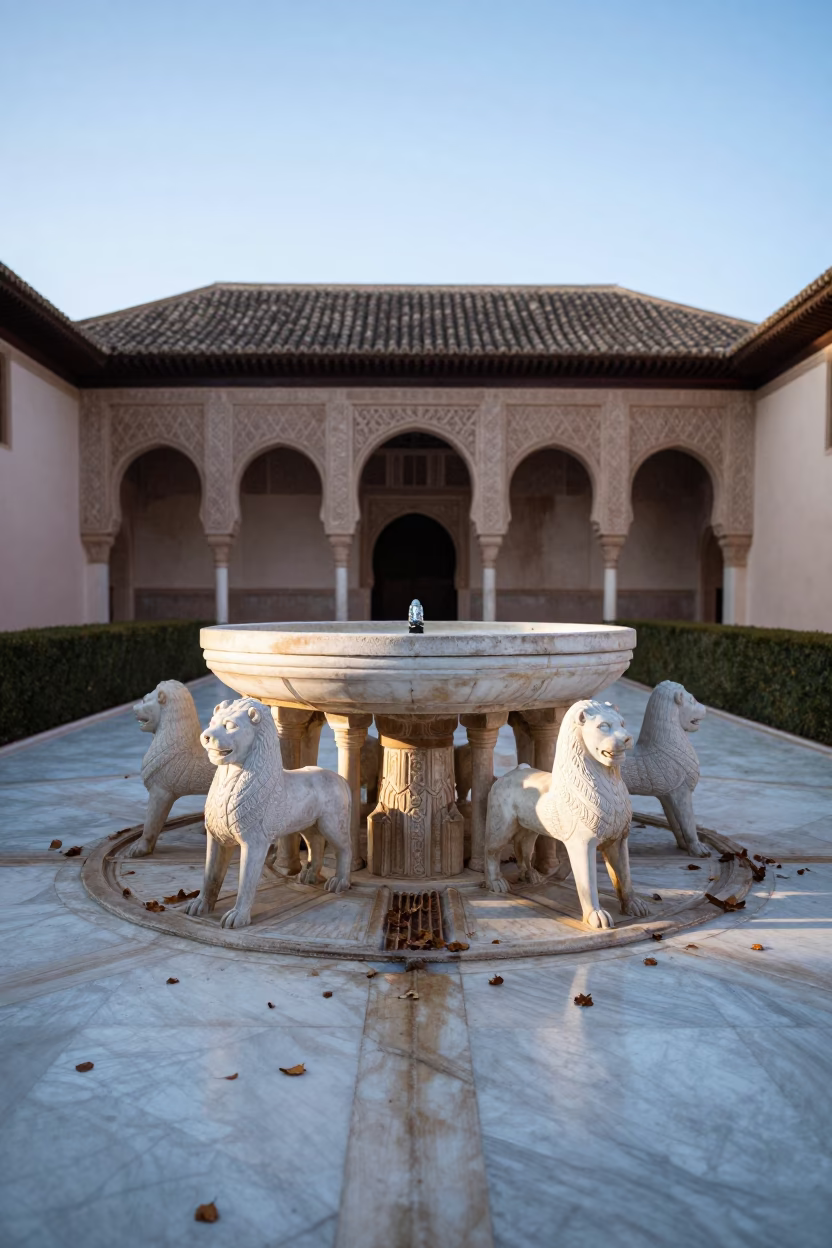 Alhambra Lion Fountain Pre-Dawn Winter Light in on a wind-scoured ridge near Granada