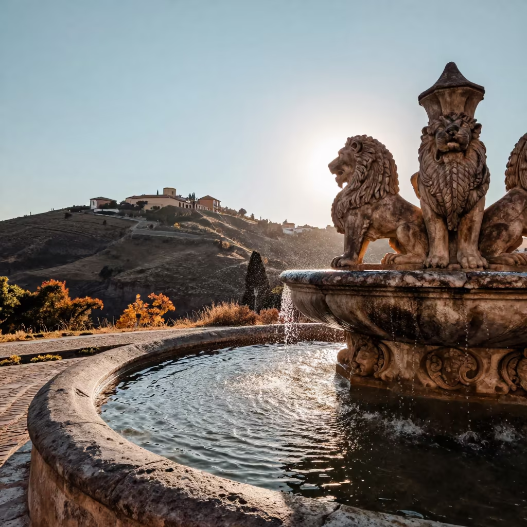 Alhambra Lion Fountain Ridge Autumn Light in on a wind-scoured ridge near Sacromonte, Granada