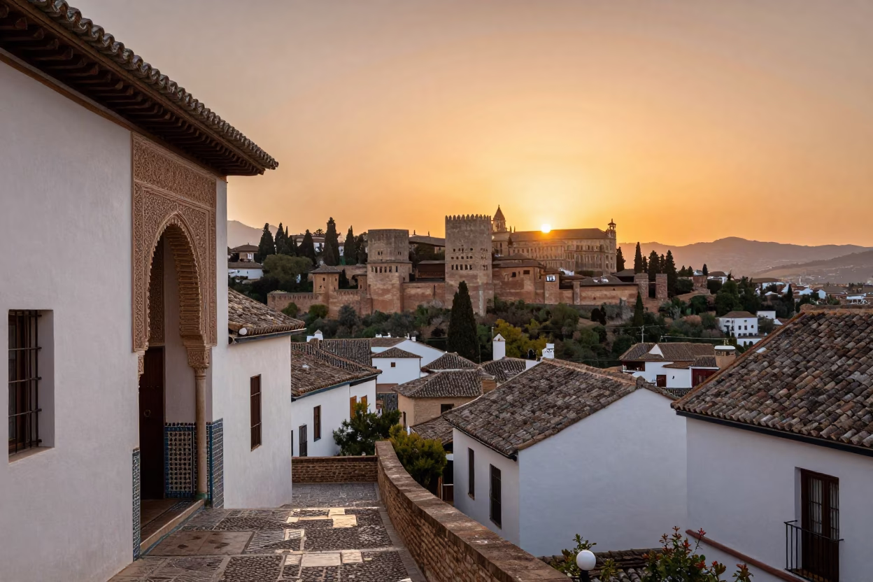 Alhambra Palace And Historic Albayzin Neighborhood From Cerro San Nicolas in Granada in in Granada, Spain