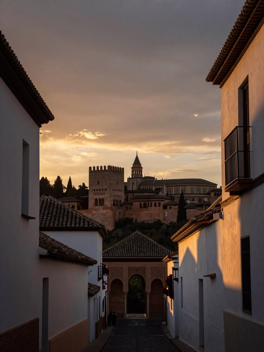 Alhambra Palace in Granada at Sunset Light in in Granada, Spain
