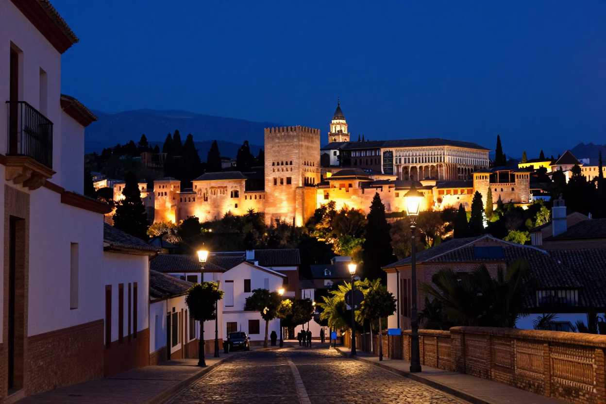 Alhambra Palace Lights Glow Over Granada Spain Street Scene at Dusk in in Granada, Spain