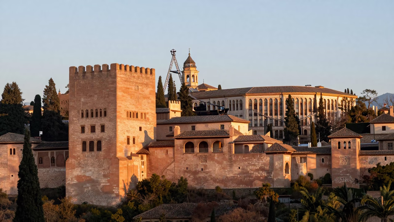 Alhambra Walls just after sunrise in Granada in in Granada, Spain