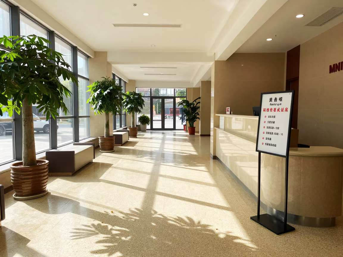 Allergen Card Stand in Bright Hotel Lobby Morning in inside a hotel lobby near Changchun