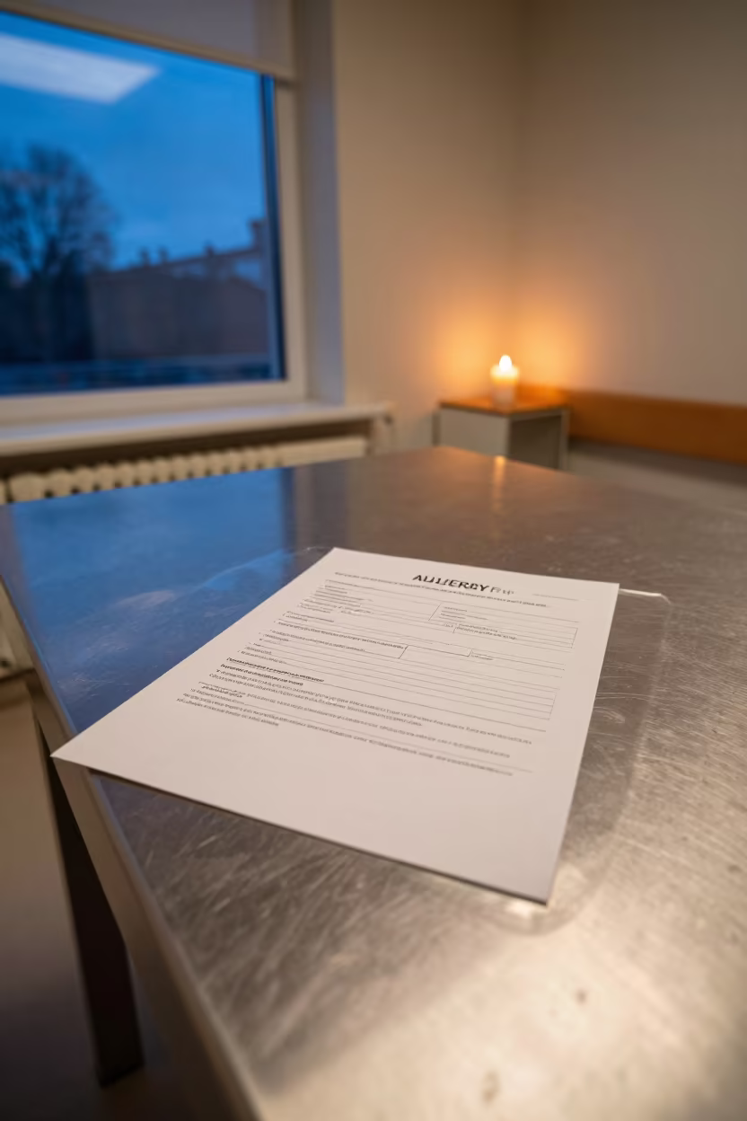 Allergy Form File in Blue Hour Candlelight in inside a hospital imaging bay near St Petersburg