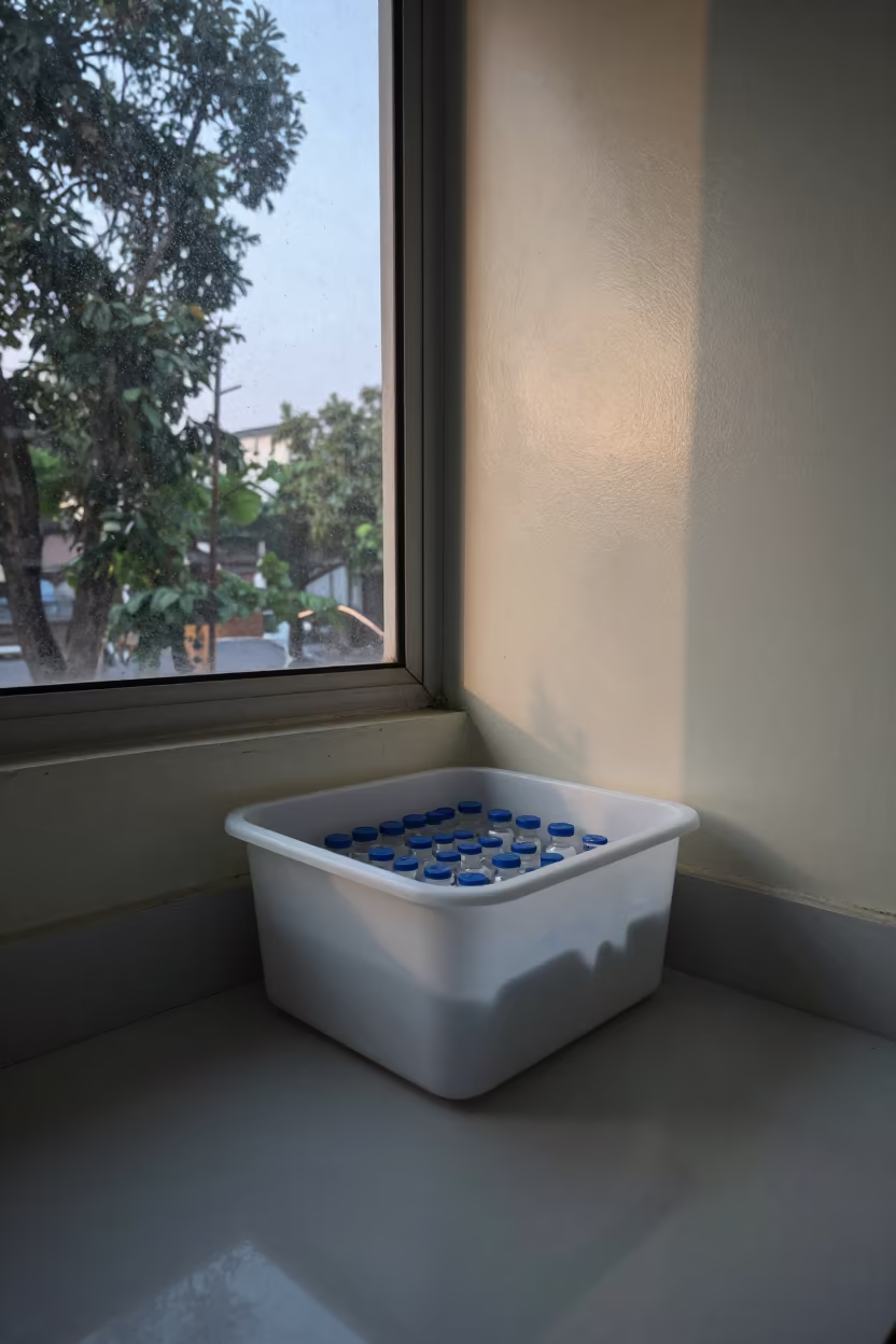 Allergy Vials in Dhaka Clinic Late Afternoon in inside a clinic exam room in Dhaka