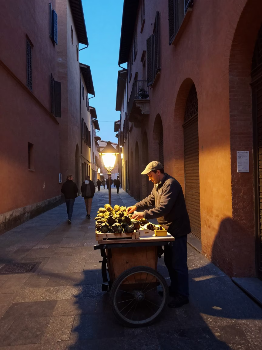 Alley Scene at The Still Hours Before Dawn Light in Bologna in in Bologna, Italy