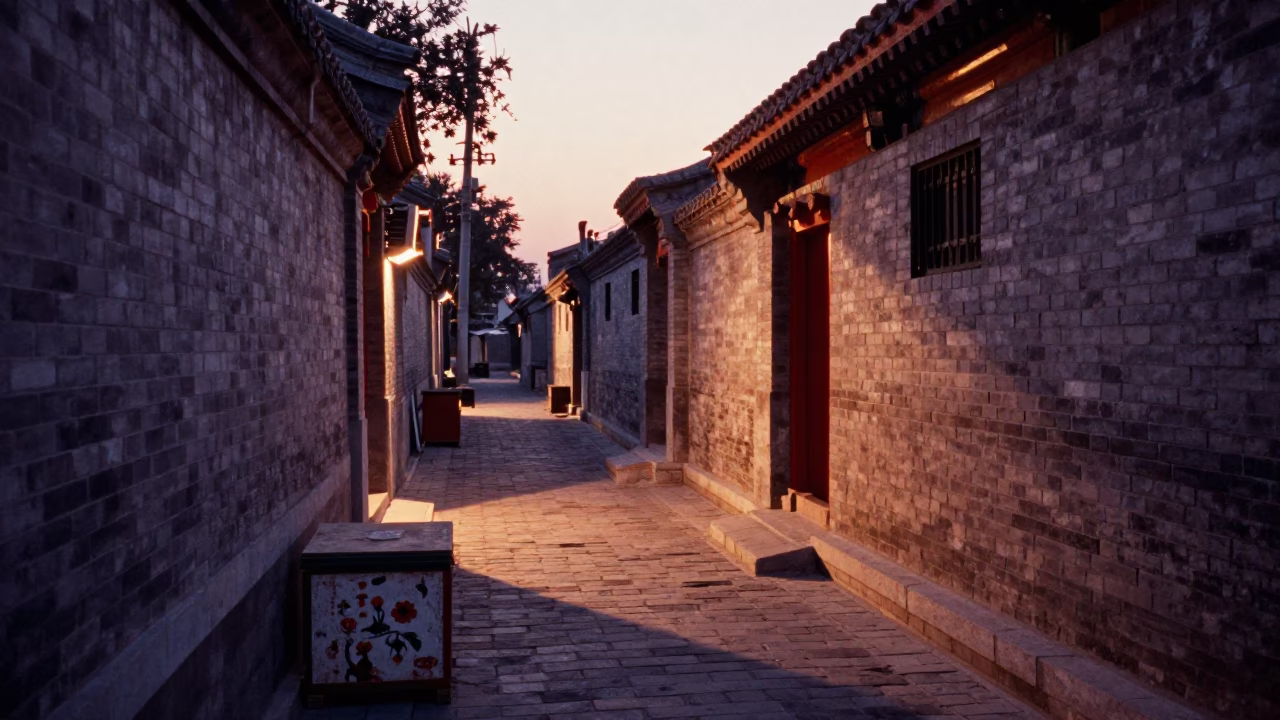 Alleyway Dusk in Beijing at Copper-toned Light Before Dusk in in Beijing, China