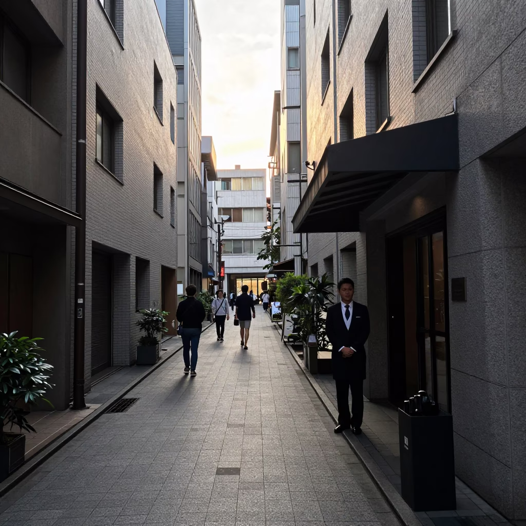 Alleyway Morning in Tokyo at As First Light Reaches The Scene in in Tokyo, Japan