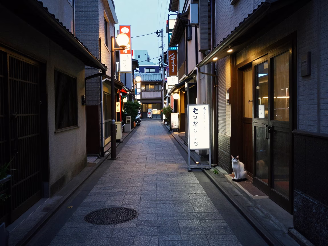 Alleyway Scene in Fukuoka at As City Lights Begin To Glow in in Fukuoka, Japan