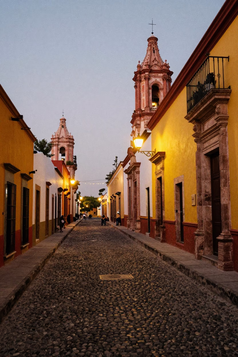Alleyway Scene in Oaxaca at As City Lights Begin To Glow in in Oaxaca, Mexico