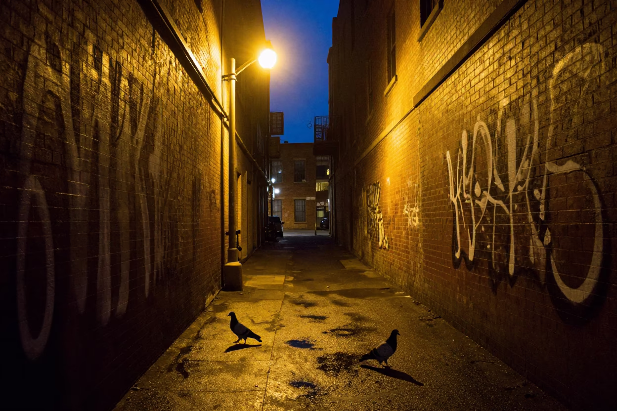 Alleyway Scene in Portland at Midnight Light in in Portland, Oregon, United States