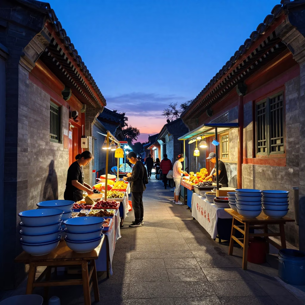 Alleyway Stalls in Beijing at Indigo Twilight After Sunset in in Beijing, China