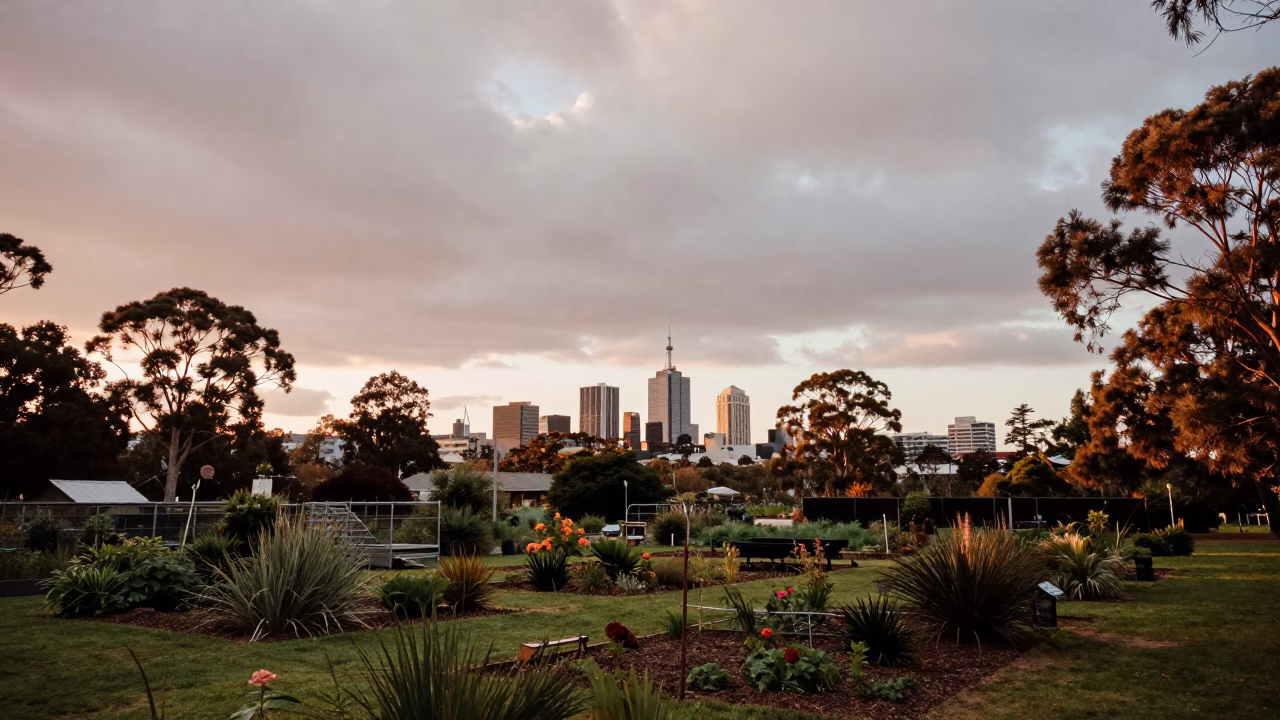Allotment Gardens in Melbourne at Copper-toned Light Before Dusk in in Melbourne, Victoria, Australia