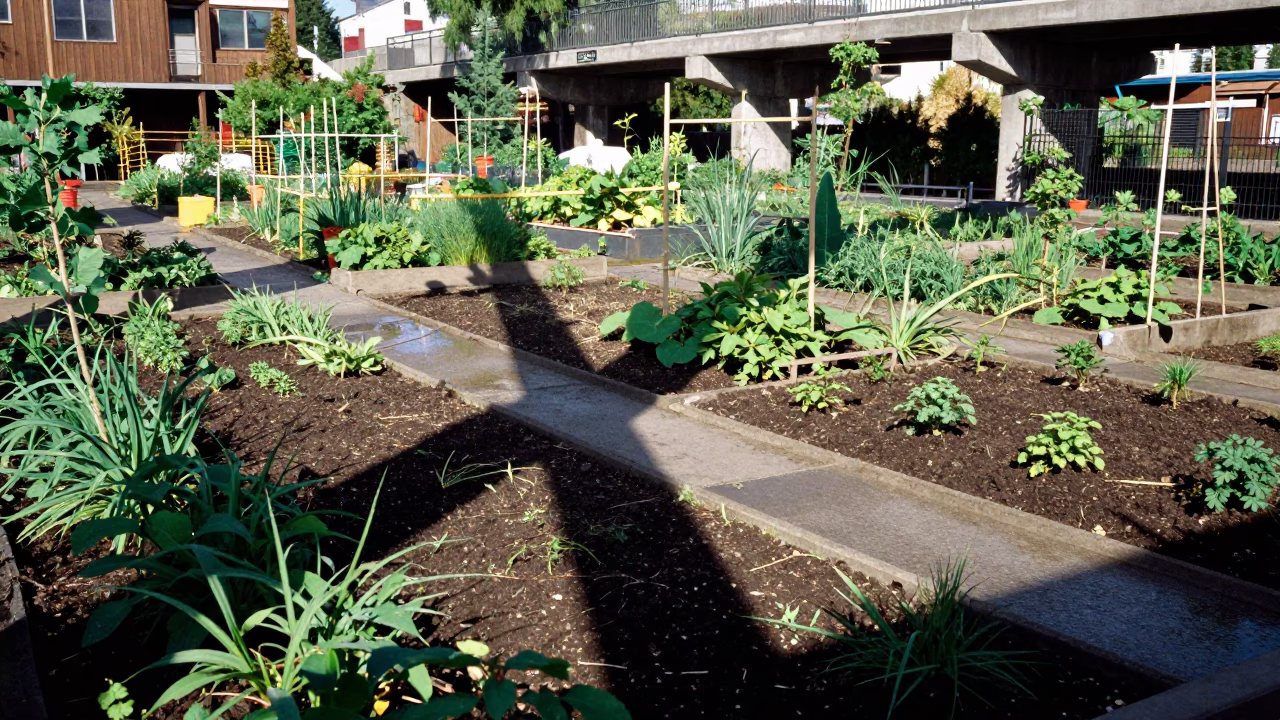 Allotment Gardens in Portland at Bright Midmorning Light in in Portland, Oregon, United States