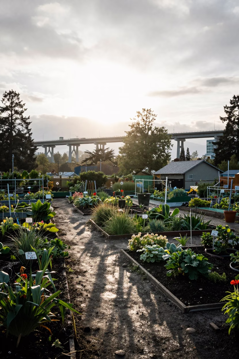 Allotment Gardens in Vancouver at The Early Morning Light in in Vancouver, British Columbia, Canada