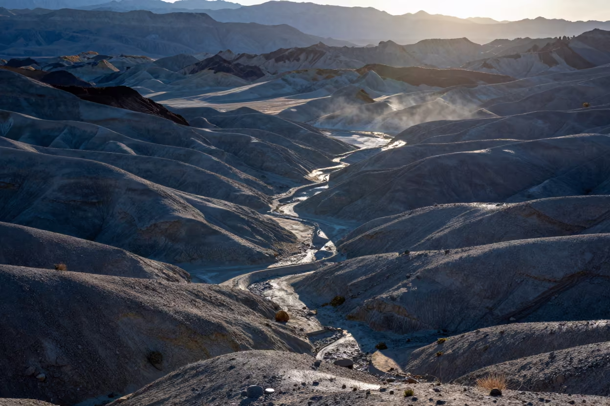 Alluvial Fan Canyon Rim Light Blue Hour in across a floodplain after rain near Las Vegas