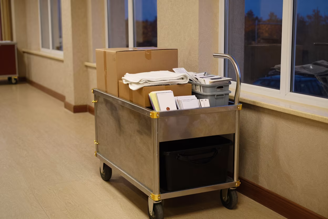 Almaty Banquet Hall Service Dolly with Brass and Plastic in inside a banquet hall before service near Almaty