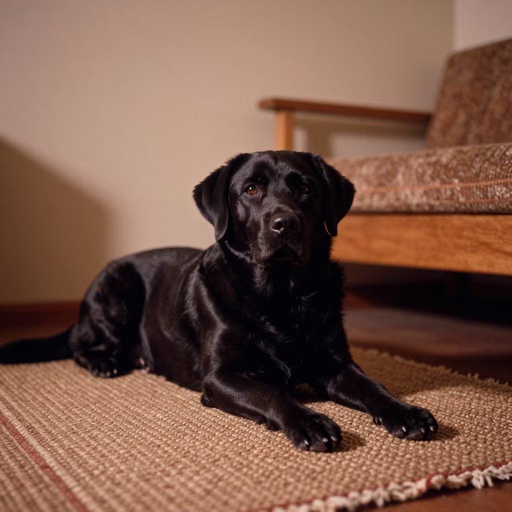 Almaty Labrador Resting on Woven Rug in on a woven rug beside a low couch and an uncluttered wall in Almaty