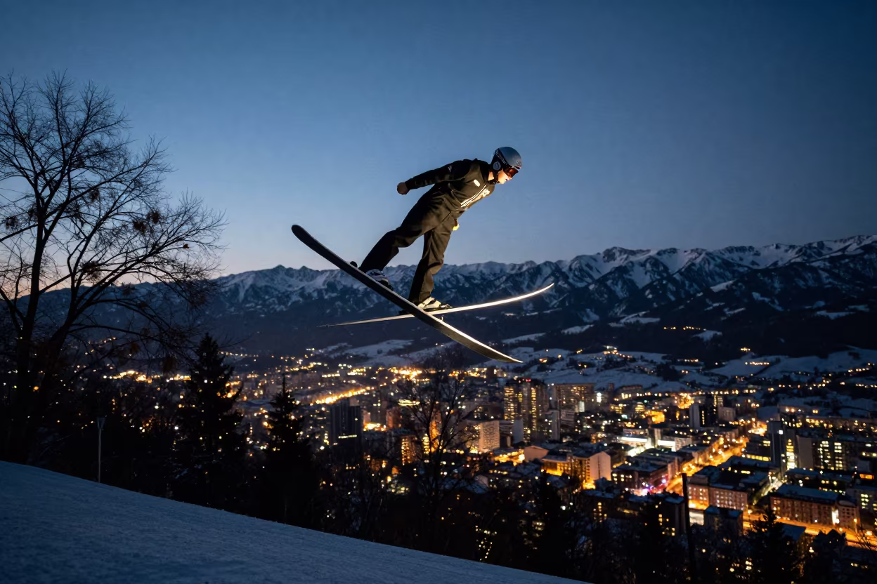 Almaty Ski Jumper Soaring at Dusk in in Almaty