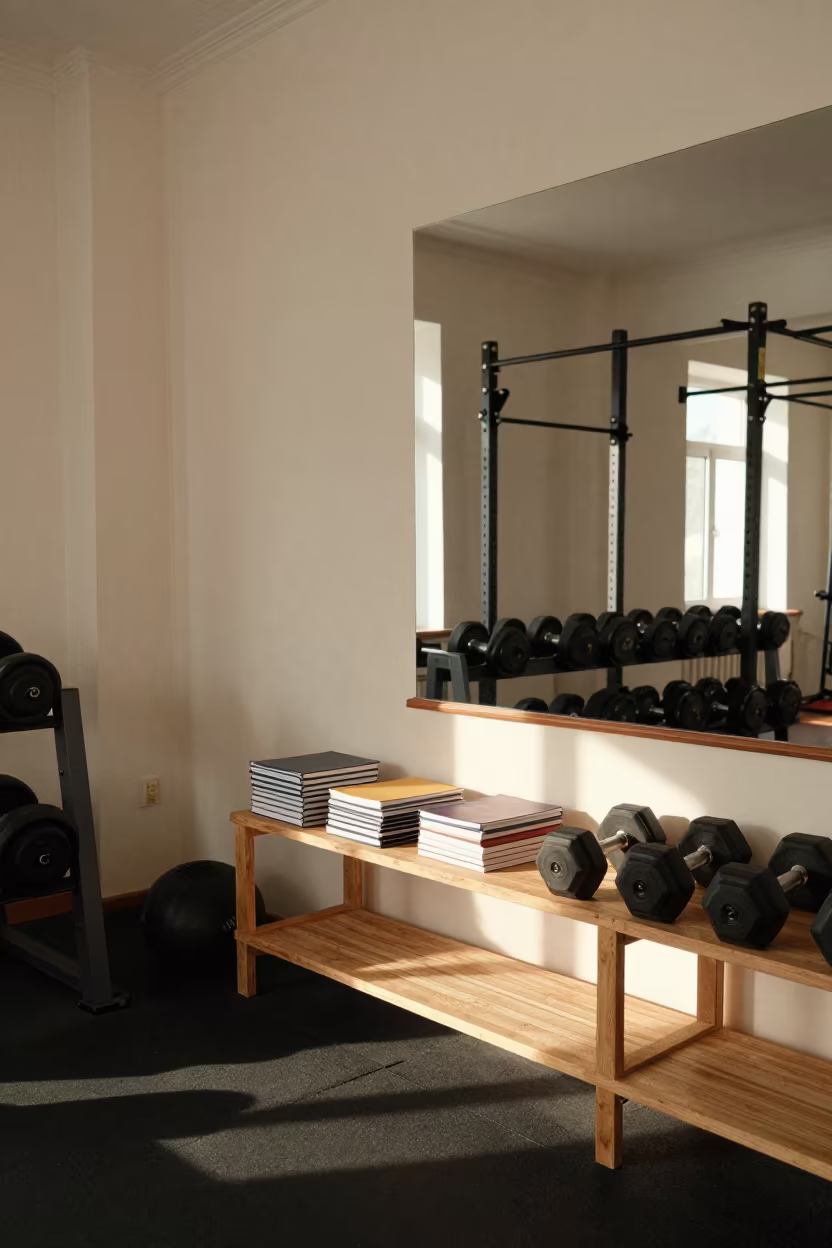Almaty Strength Room Journal Shelf Midday Reset in inside a strength room in Almaty