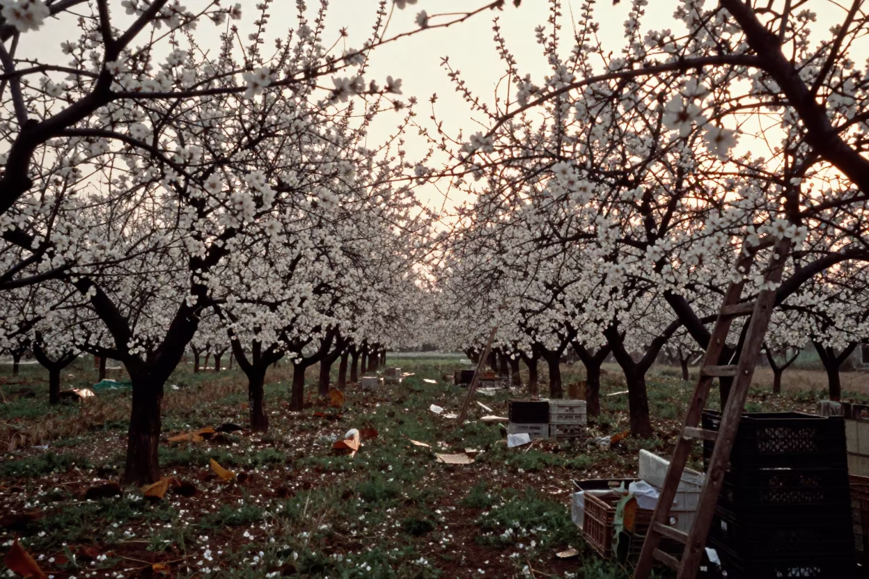 Almond Orchard Blossoms Evening Light Izmir in among orchard ladders and crates in Izmir